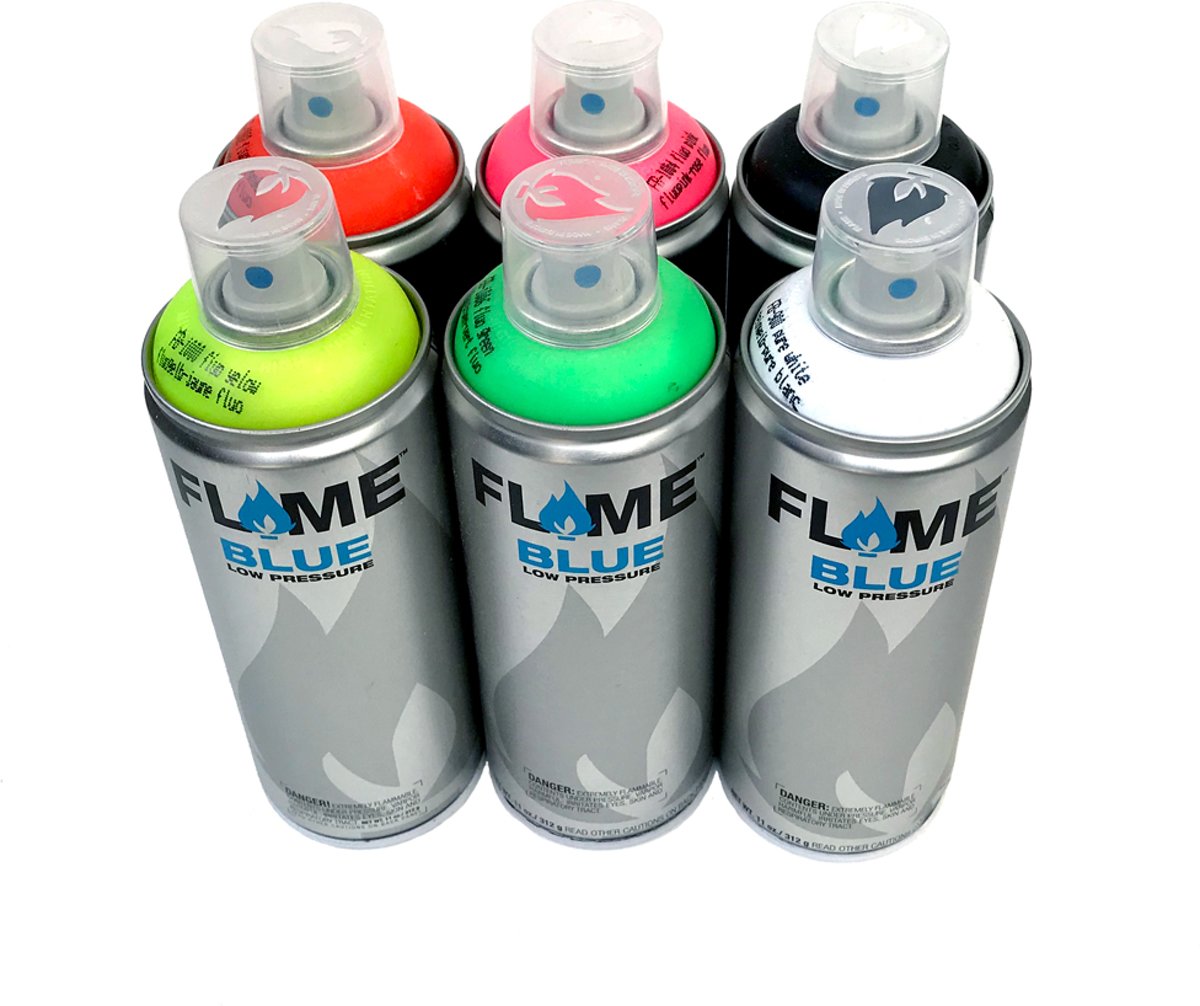 6 stuks Molotow Flame Blue spuitbussen pakket - Fluoriserende set - Lage druk en matte afwerking op acryl basis - Spuitverf voor binnen en buiten gebruik voor vele doeleinden, zoals klussen, graffiti, hobby en kunst