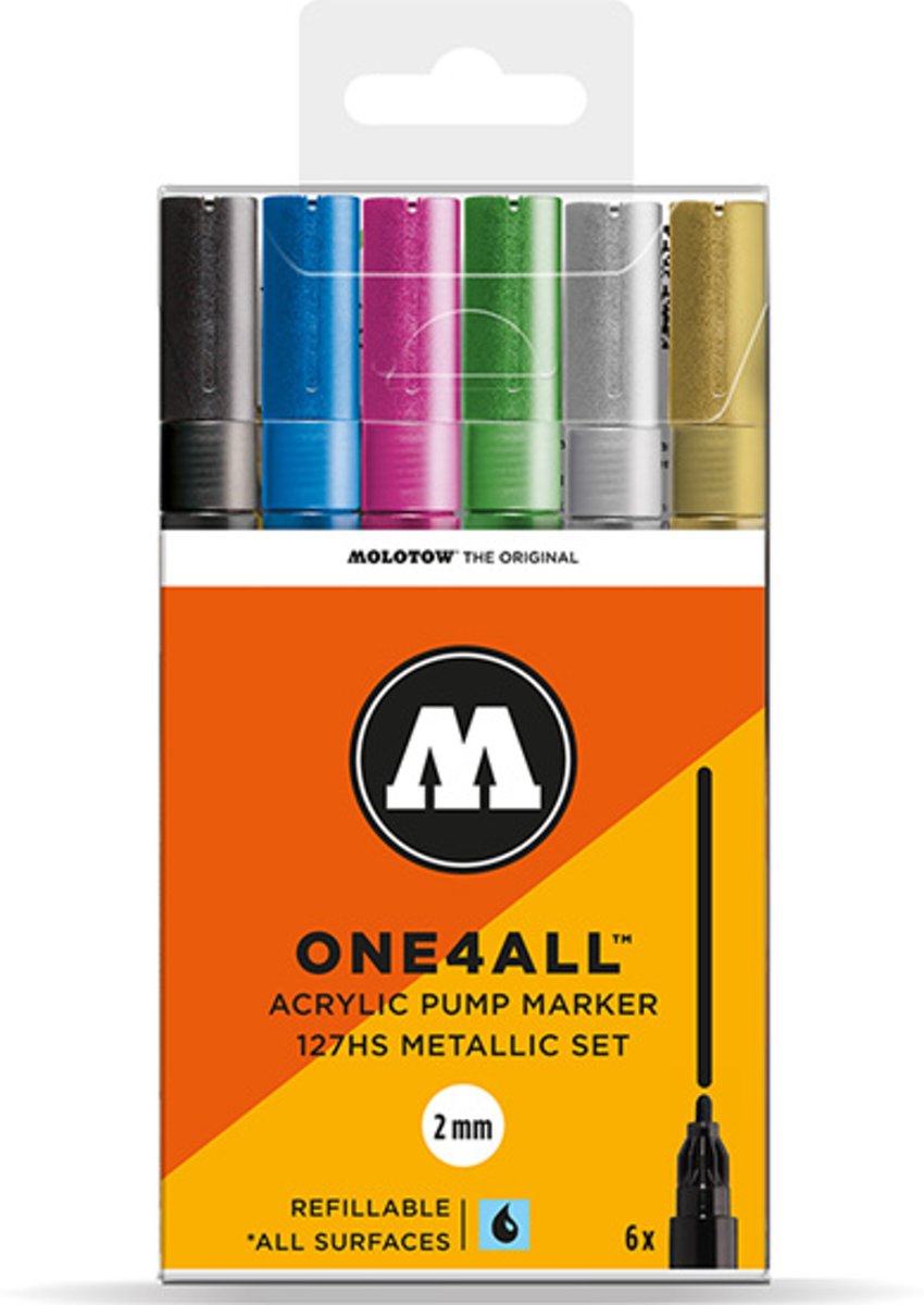 Molotow ONE4ALL Acryl stiften Metallic set 2 - 2 mm - 6 kleuren