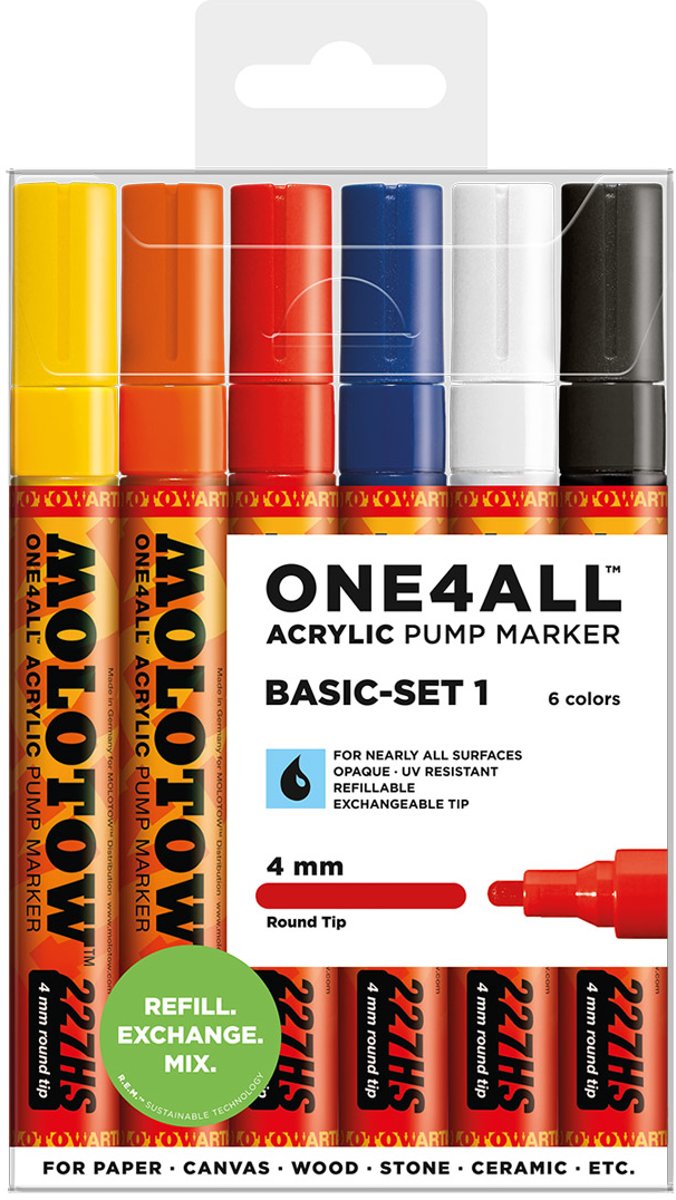 Molotow ONE4ALL Acryl stiften basis set 1 -  4 mm - 6 kleuren