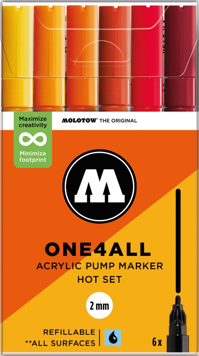Molotow ONE4ALL Acrylstiften Set van 6 Rode tinten - Acryl markers - 2mm breed - hervulbaar - alle ondergronden