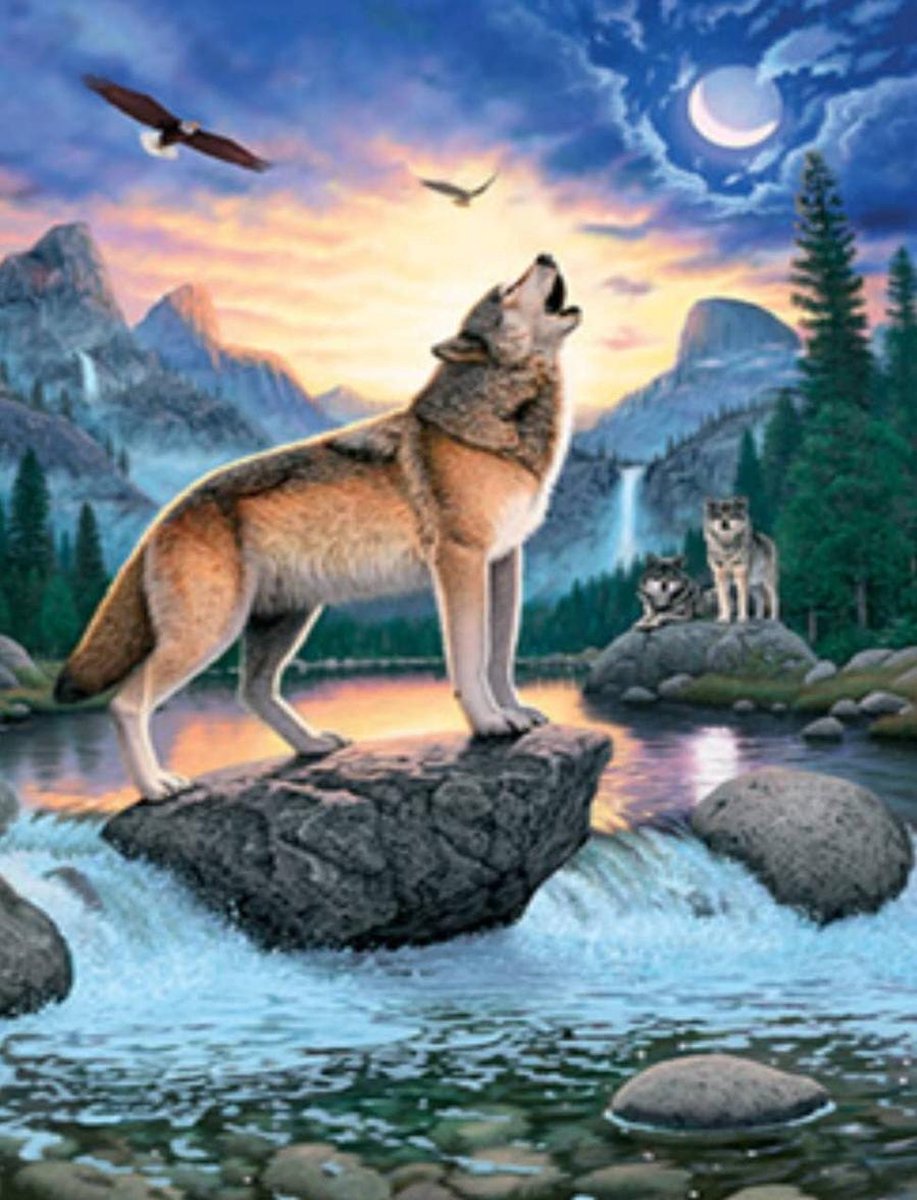 Diamond Painting Pakket - Huilende Wolf - 40x30 cm - Complete Set - Volledige Bedekking - Ronde Steentjes - Dielay