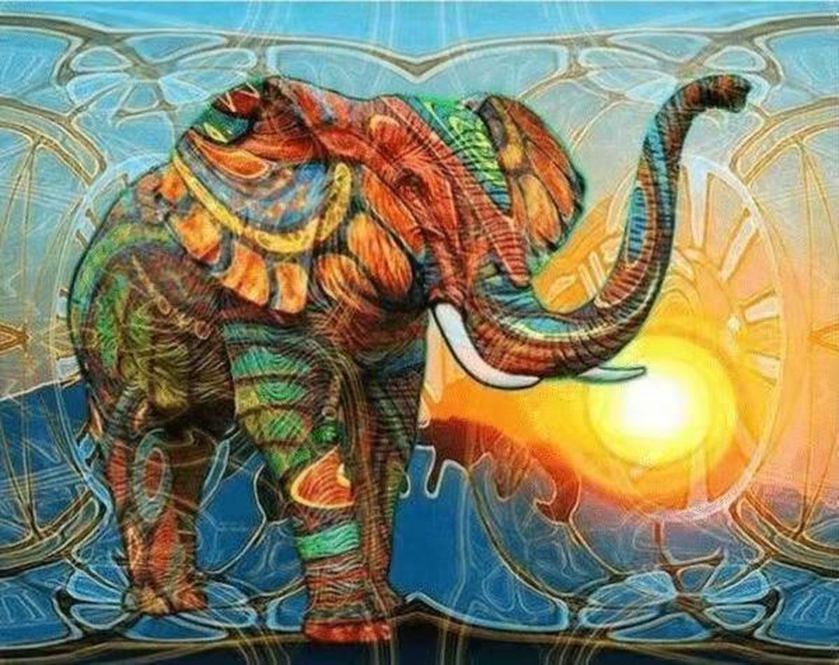 Diamond Painting Pakket - Olifant met Ondergaande Zon - 50x40 cm - Complete Set - Volledige Bedekking - Ronde Steentjes - Dielay