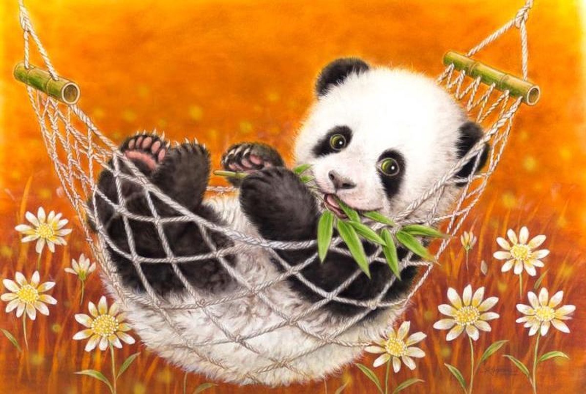 Diamond Painting Pakket - Panda in Hangmat - 30x20 cm - Complete Set - Volledige Bedekking - Ronde Steentjes - Dielay