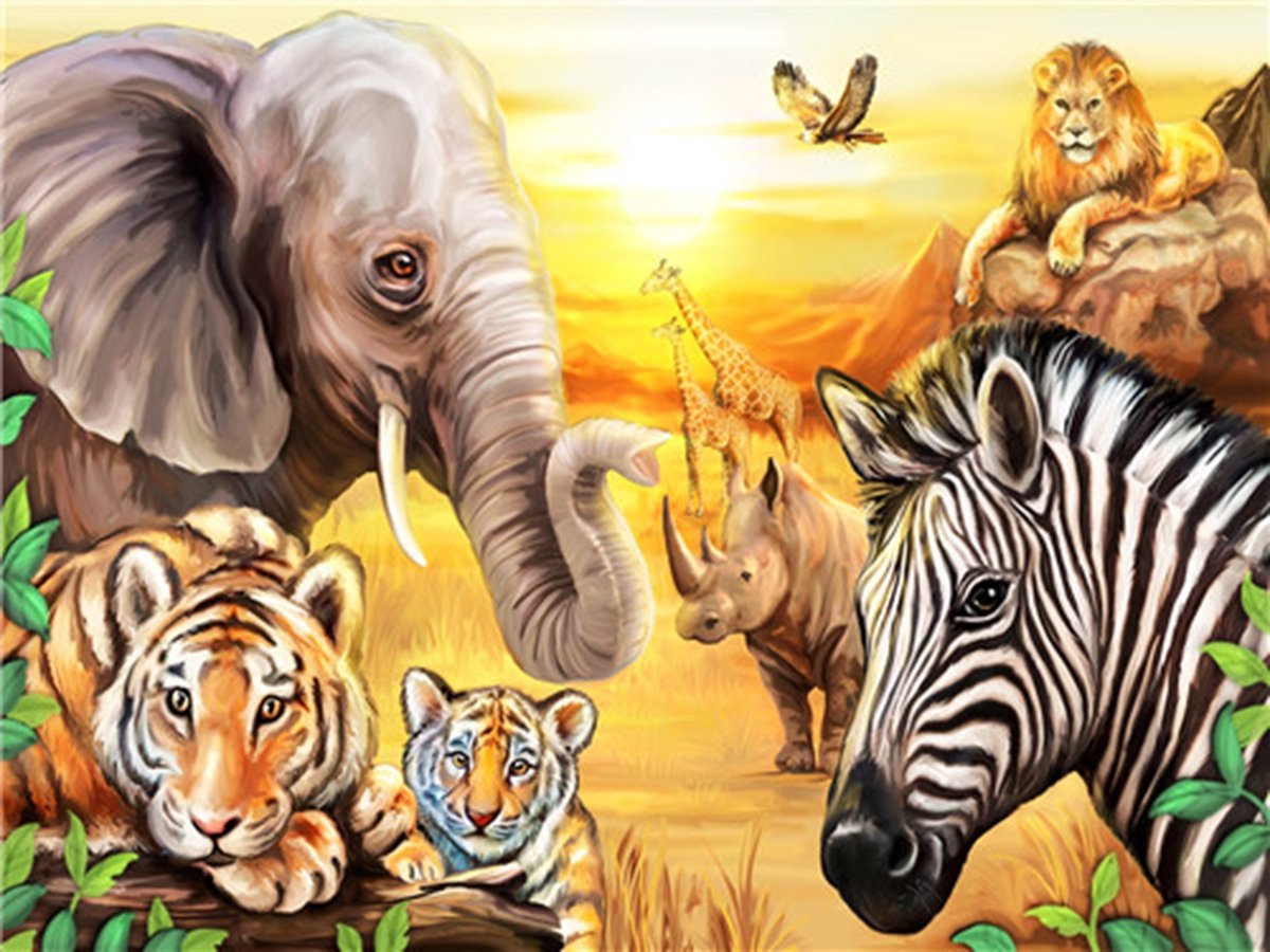 Dielay - Diamond Painting Pakket - Dieren op de Savanne - 40x30 cm - Complete Set - Volledige Bedekking - Vierkante Steentjes