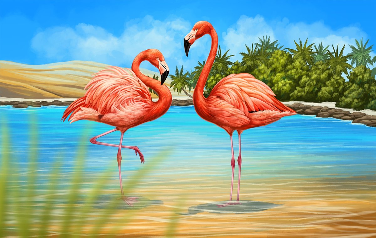 Dielay - Diamond Painting Pakket - Flamingos - 50x40 cm - Complete Set - Volledige Bedekking - Vierkante Steentjes