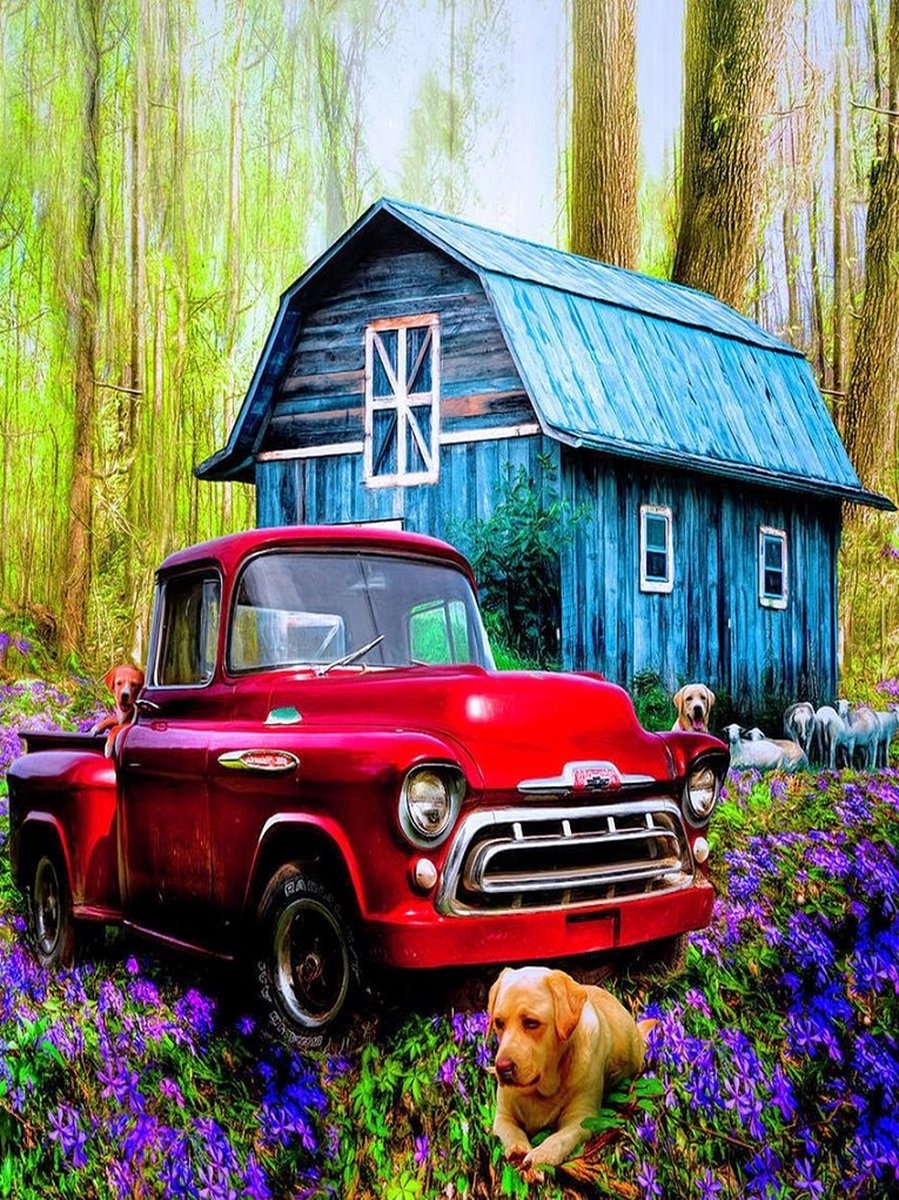 Dielay - Diamond Painting Pakket - Hut en Pickup Truck - 40x30 cm - Complete Set - Volledige Bedekking - Ronde Steentjes