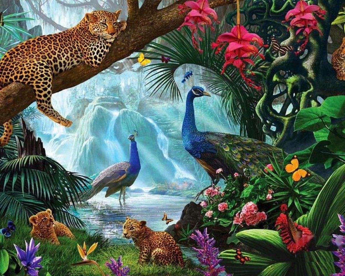 Dielay - Diamond Painting Pakket - Jungle met Dieren - 50x40 cm - Complete Set - Volledige Bedekking - Ronde Steentjes