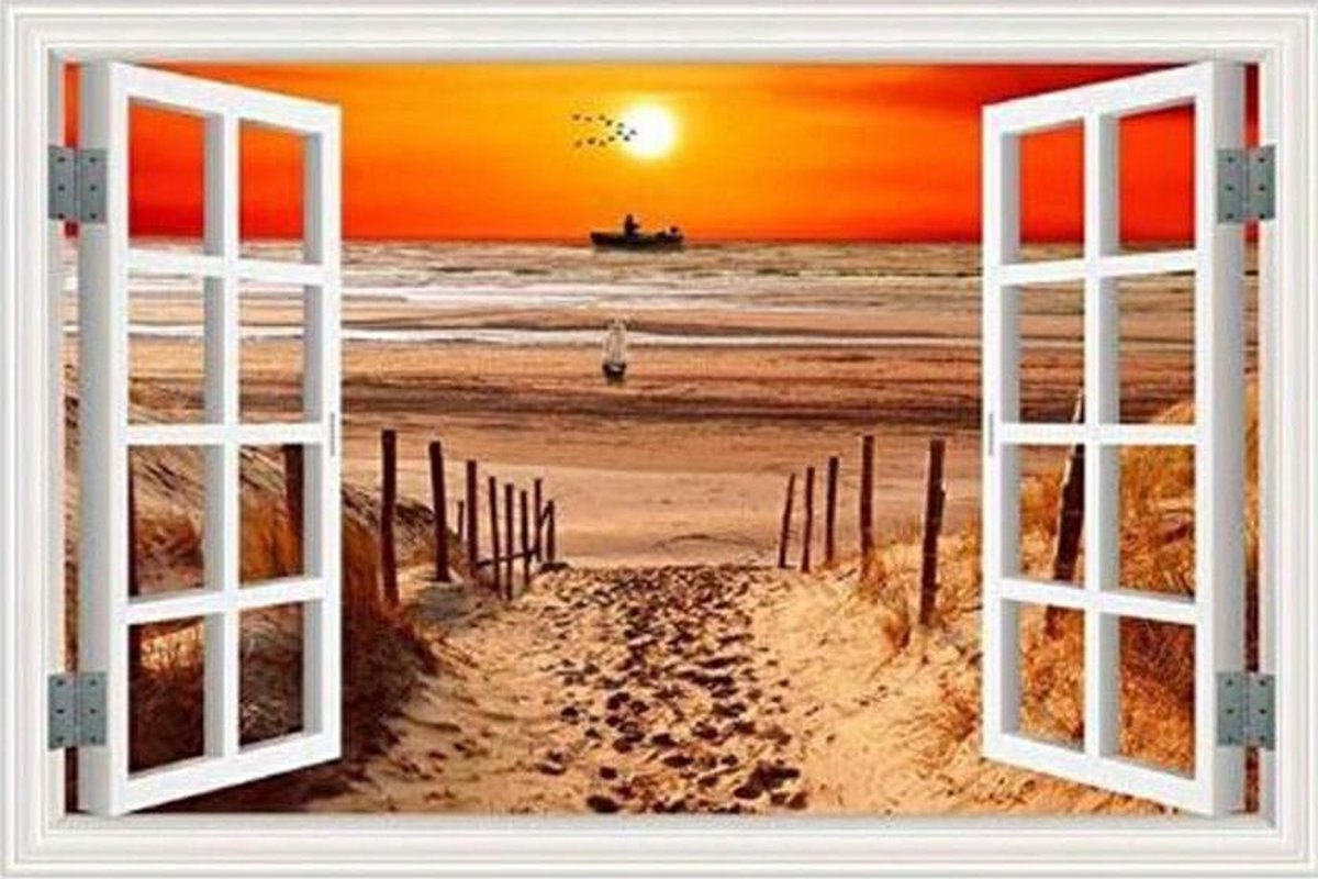 Dielay - Diamond Painting Pakket - Raam naar het Strand - 50x40 cm - Complete Set - Volledige Bedekking - Vierkante Steentjes