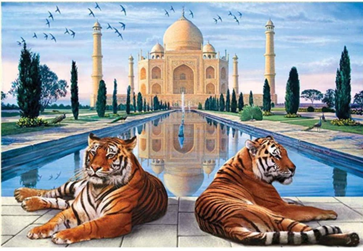 Dielay - Diamond Painting Pakket - Tijgers bij Taj Mahal - 50x40 cm - Complete Set - Volledige Bedekking - Ronde Steentjes