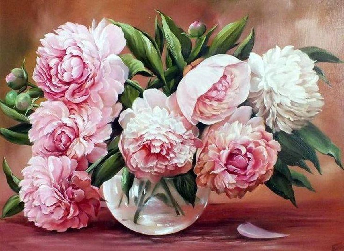 Dielay - Diamond Painting Pakket - Vaas met Bloemen - 40x30 cm - Complete Set - Volledige Bedekking - Ronde Steentjes