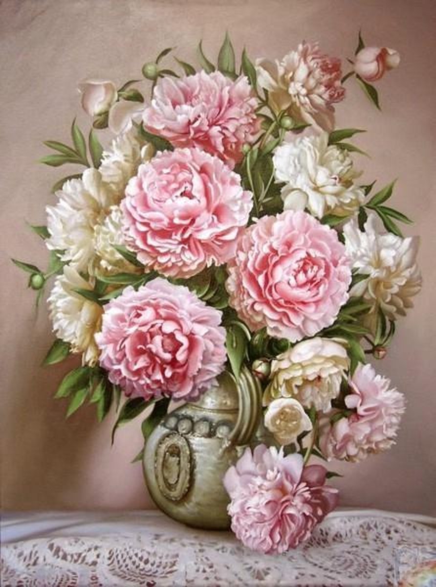 Dielay - Diamond Painting Pakket - Vaas met Bloemen - 50x40 cm - Complete Set - Volledige Bedekking - Ronde Steentjes