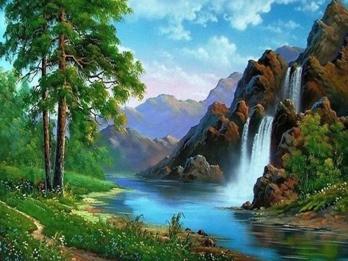 Dielay - Diamond Painting Pakket - Waterval - 50x40 cm - Complete Set - Volledige Bedekking - Ronde Steentjes