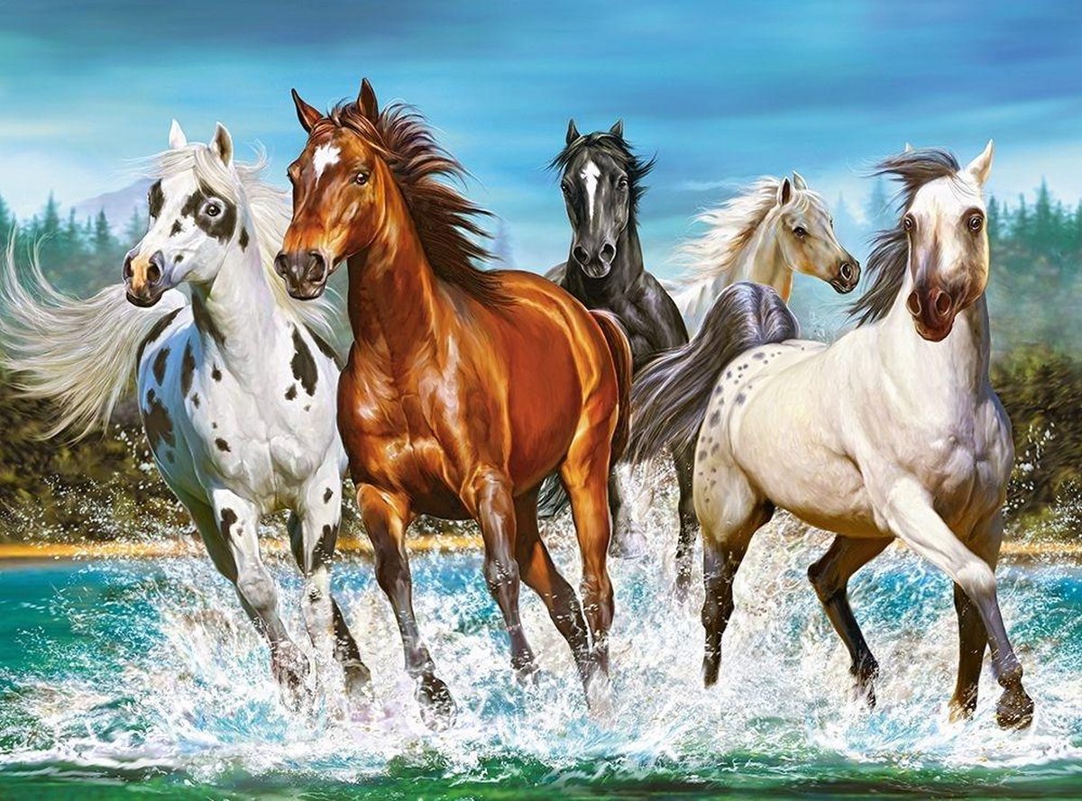 Dielay - Diamond Painting Pakket - Wilde Paarden in Water - 40x30 cm - Complete Set - Volledige Bedekking - Ronde Steentjes