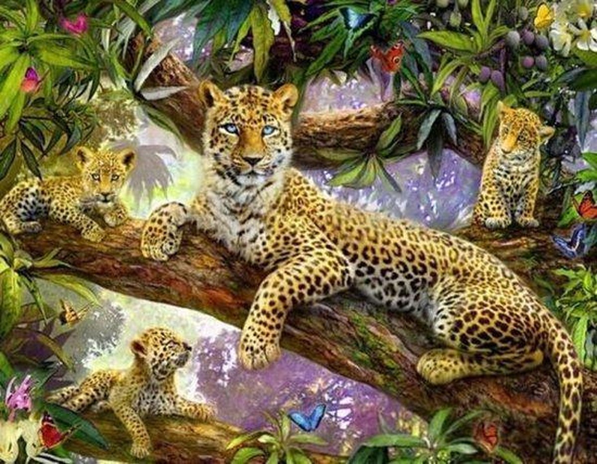 Full Diamond Painting Volwassenen  - Ronde Steentjes  - Volledig Pakket  - Hobby  - Dieren  -  Luipaard in de jungle 50x40cm