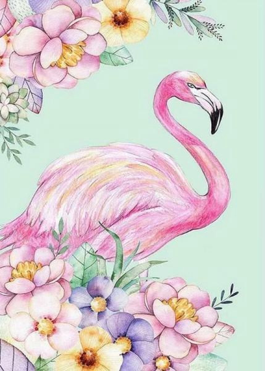 Full Diamond Painting Volwassenen  - Ronde Steentjes  - Volledig Pakket  - Hobby  - Dieren - Flamingo omringt door bloemen 30x40 cm