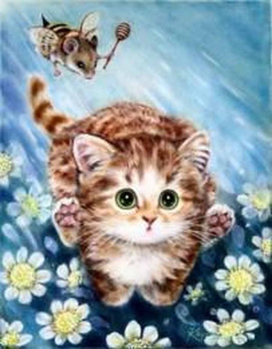 Full Diamond Painting Volwassenen  - Ronde Steentjes  - Volledig Pakket  - Hobby  - Dieren - Kitten en vliegende muis 20x30cm