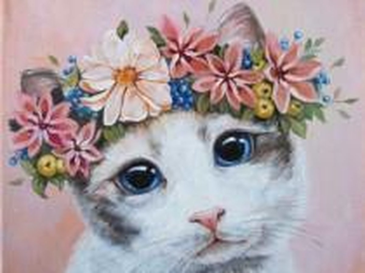 Full Diamond Painting Volwassenen  - Ronde Steentjes  - Volledig Pakket  - Hobby  - Dieren - Lieve Kat met Bloemenkrans 30x40cm