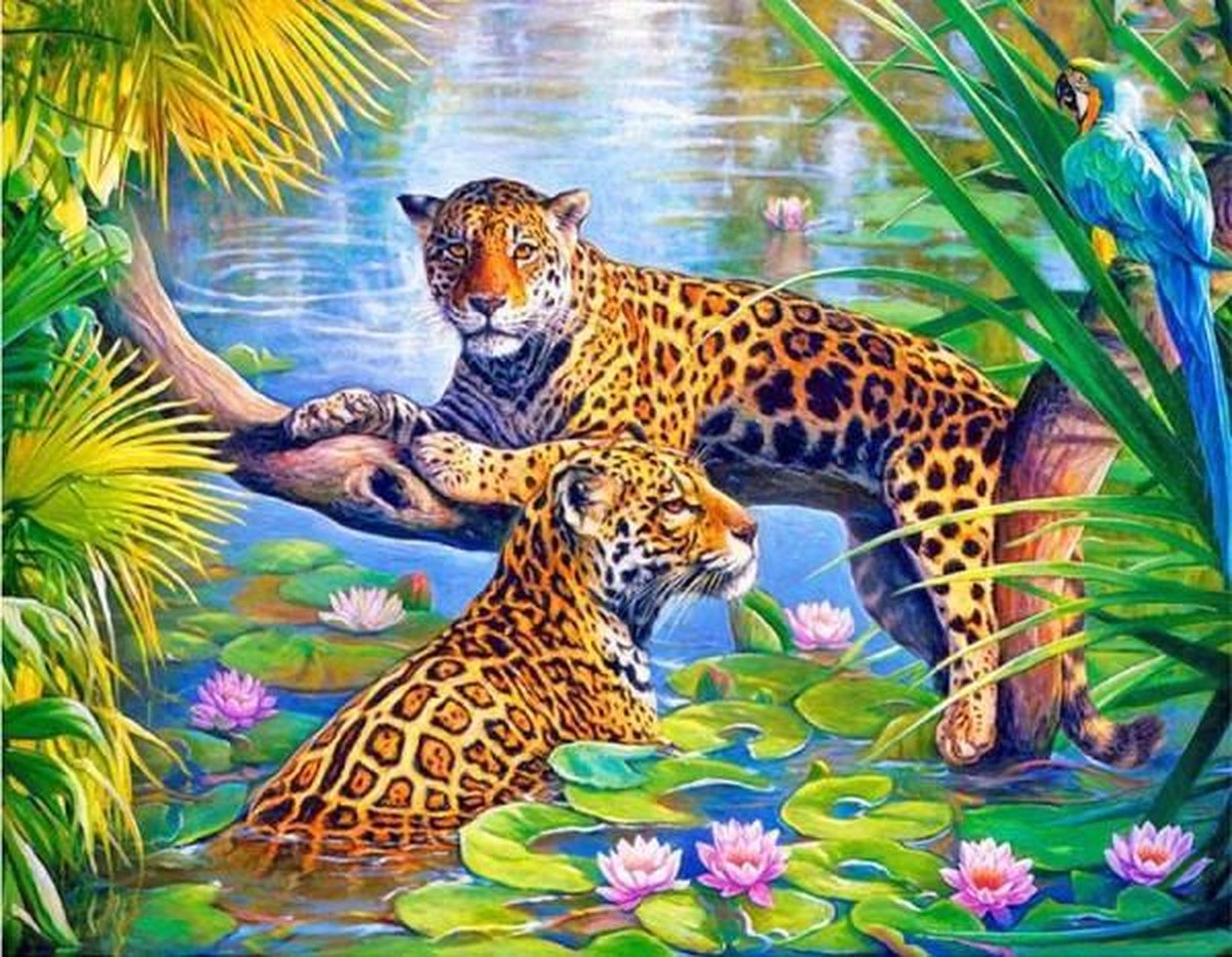 Full Diamond Painting Volwassenen  - Ronde Steentjes  - Volledig Pakket  - Hobby  - Dieren - Luipaarden in de jungle  50x40 cm