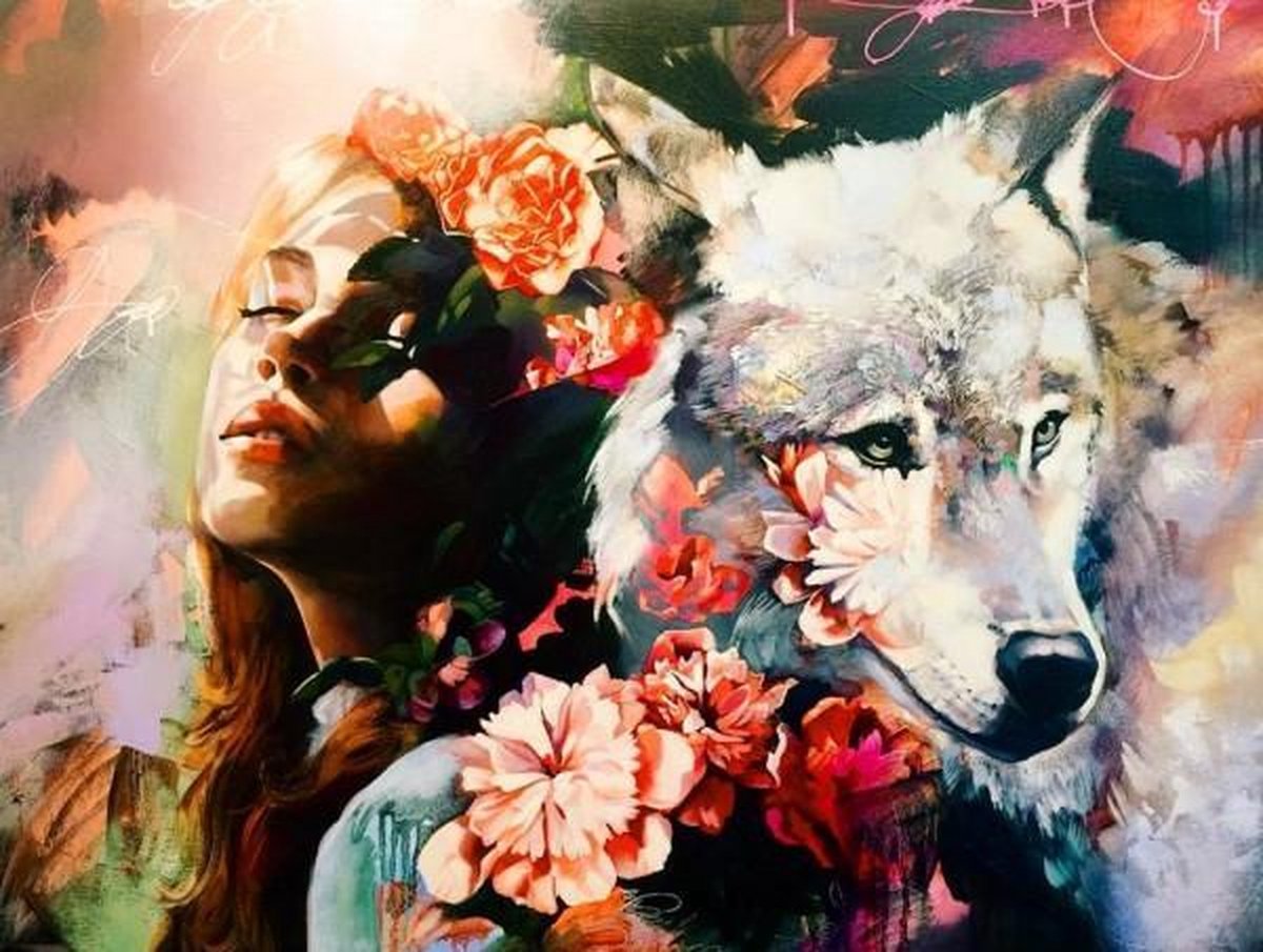 Full Diamond Painting Volwassenen  - Ronde Steentjes  - Volledig Pakket  - Hobby  - Dieren - Meisje met Wolf en Bloemen 30x40 cm