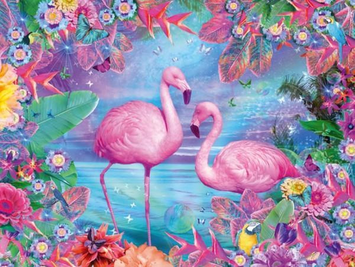 Full Diamond Painting Volwassenen  - Ronde Steentjes  - Volledig Pakket  - Hobby  - Dieren - Natuur - Roze Flamingos in het tropische paradijs  30x40 cm