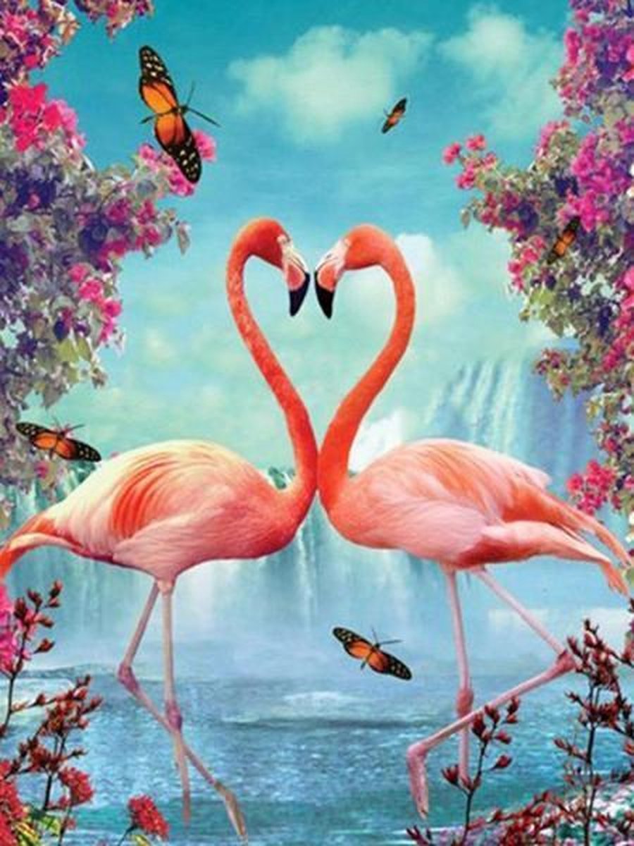 Full Diamond Painting Volwassenen  - Ronde Steentjes  - Volledig Pakket  - Hobby  - Dieren - Natuur - Twee flamingos bij een waterval  30x40 cm