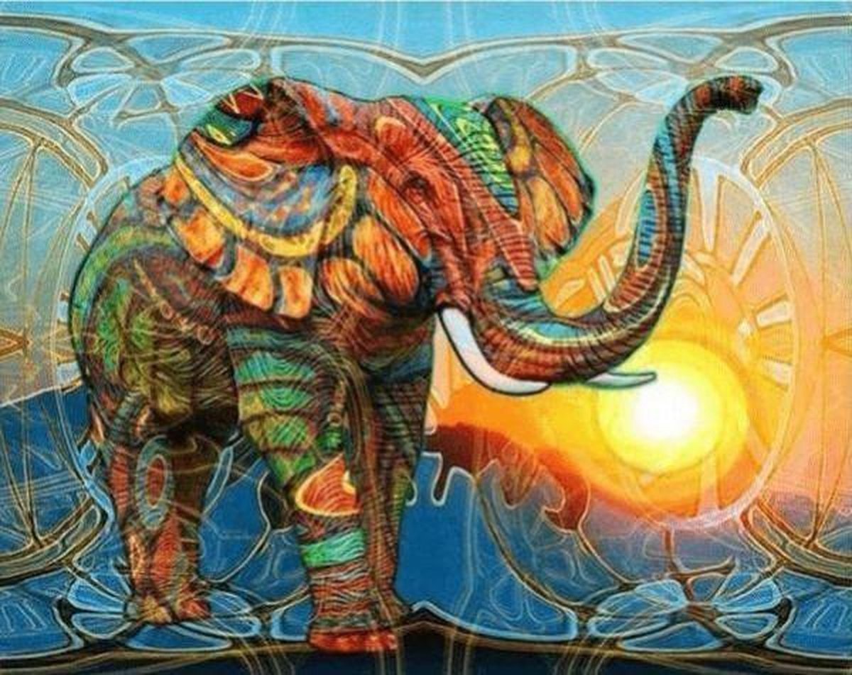 Full Diamond Painting Volwassenen  - Ronde Steentjes  - Volledig Pakket  - Hobby  - Dieren - Olifant met kleurrijke patronen 50x40 cm