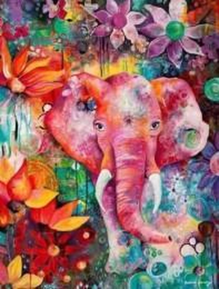 Full Diamond Painting Volwassenen  - Ronde Steentjes  - Volledig Pakket  - Hobby  - Dieren - Roze Olifant omringd door kleurrijke bloemen 50x40cm