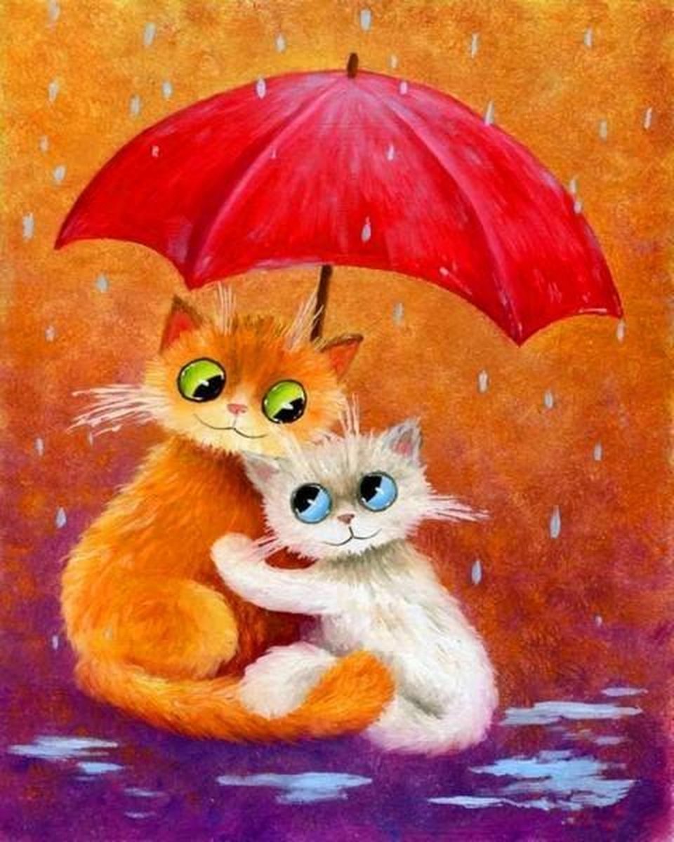 Full Diamond Painting Volwassenen  - Ronde Steentjes  - Volledig Pakket  - Hobby  - Dieren - Twee kittens onder een rode paraplu  30x40 cm