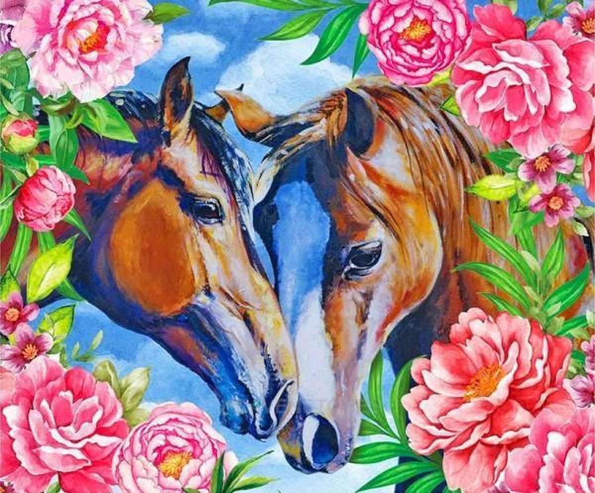 Full Diamond Painting Volwassenen  - Ronde Steentjes  - Volledig Pakket  - Hobby  - Dieren - Twee paarden omringt door bloemen 50x40 cm