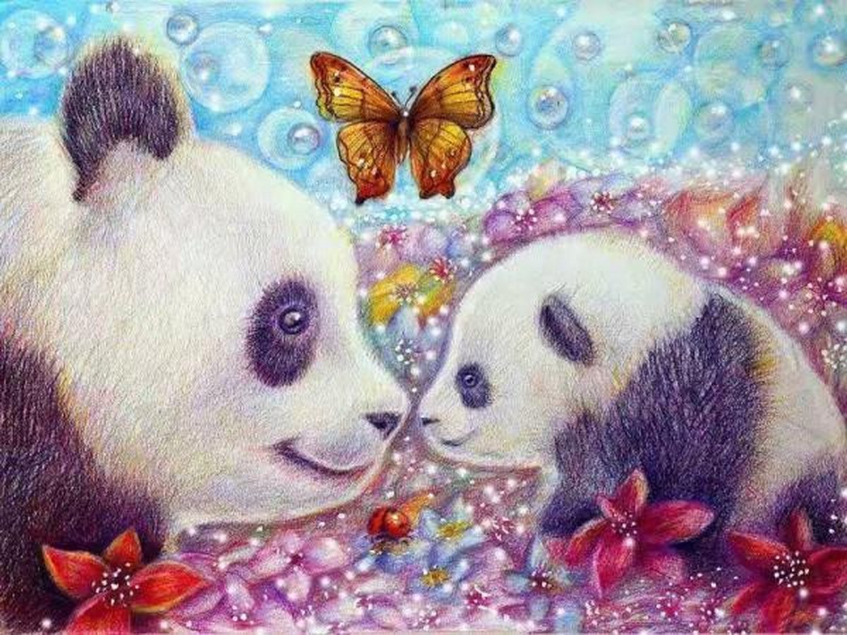 Full Diamond Painting Volwassenen  - Ronde Steentjes  - Volledig Pakket  - Hobby  - Dieren - Twee pandas bij de bloemen 30x40 cm