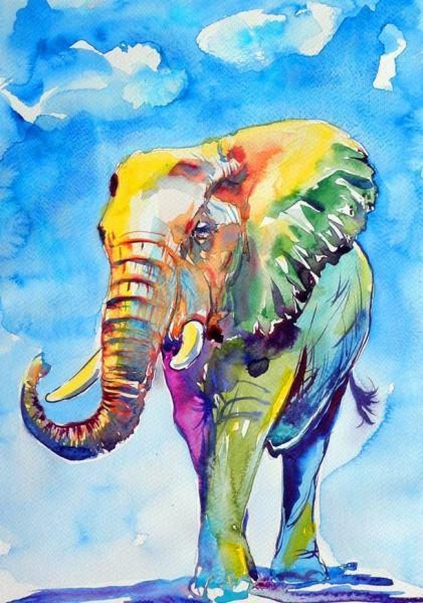 Full Diamond Painting Volwassenen  - Ronde Steentjes  - Volledig Pakket  - Hobby  - Dieren - Waterverf schilderij van een olifant 50x40 cm