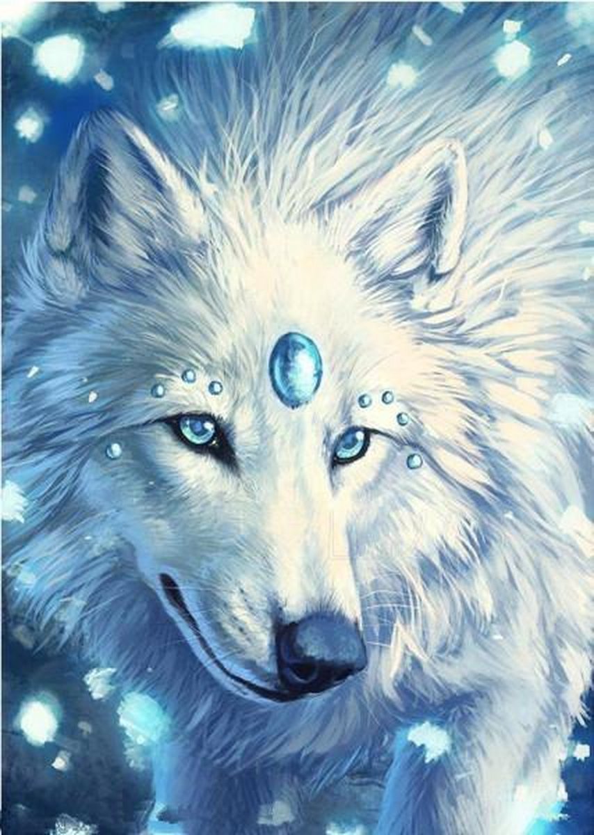 Full Diamond Painting Volwassenen  - Ronde Steentjes  - Volledig Pakket  - Hobby  - Dieren - Witte wolf met magische steen  50x40 cm