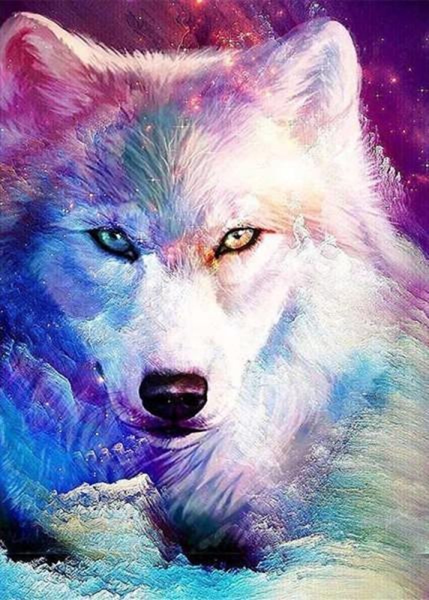 Full Diamond Painting Volwassenen  - Ronde Steentjes  - Volledig Pakket  - Hobby  - Dieren - Witte wolf met paarse achtergrond 50x40 cm