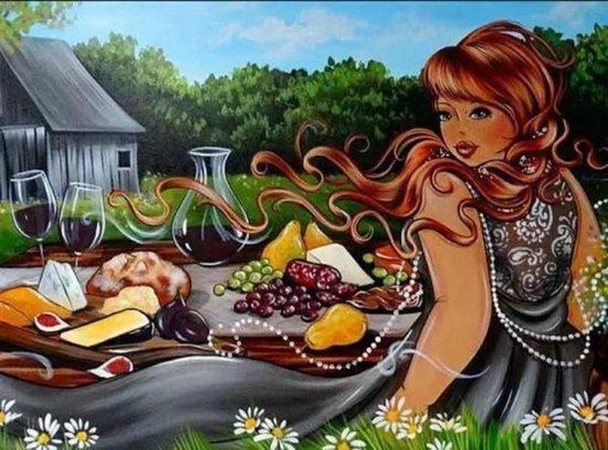 Full Diamond Painting Volwassenen  - Ronde Steentjes  - Volledig Pakket  - Hobby  - Dikke Dames - Picknick 50x40cm