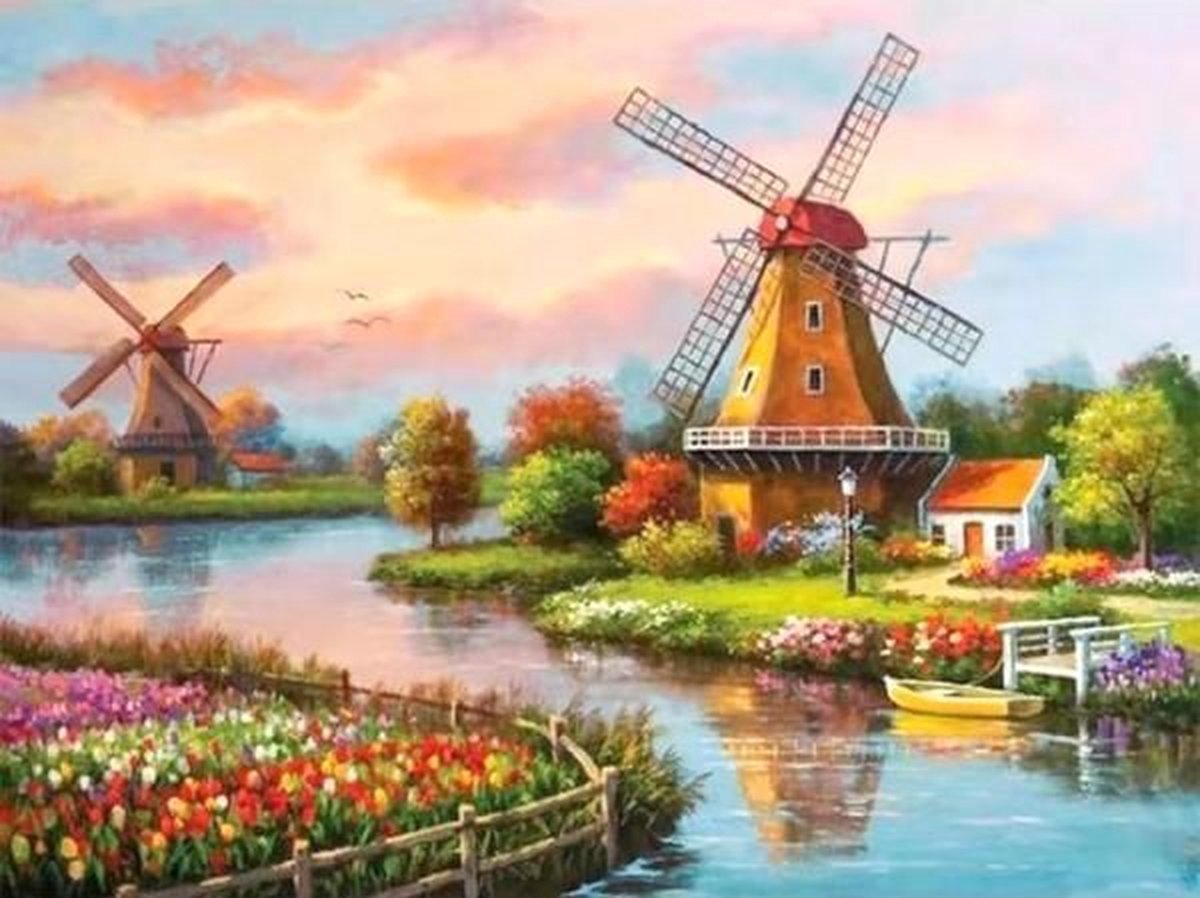 Full Diamond Painting Volwassenen  - Ronde Steentjes  - Volledig Pakket  - Hobby  - Landschap - Natuur - Hollands landschap met windmolens en tulpen 30x40 cm