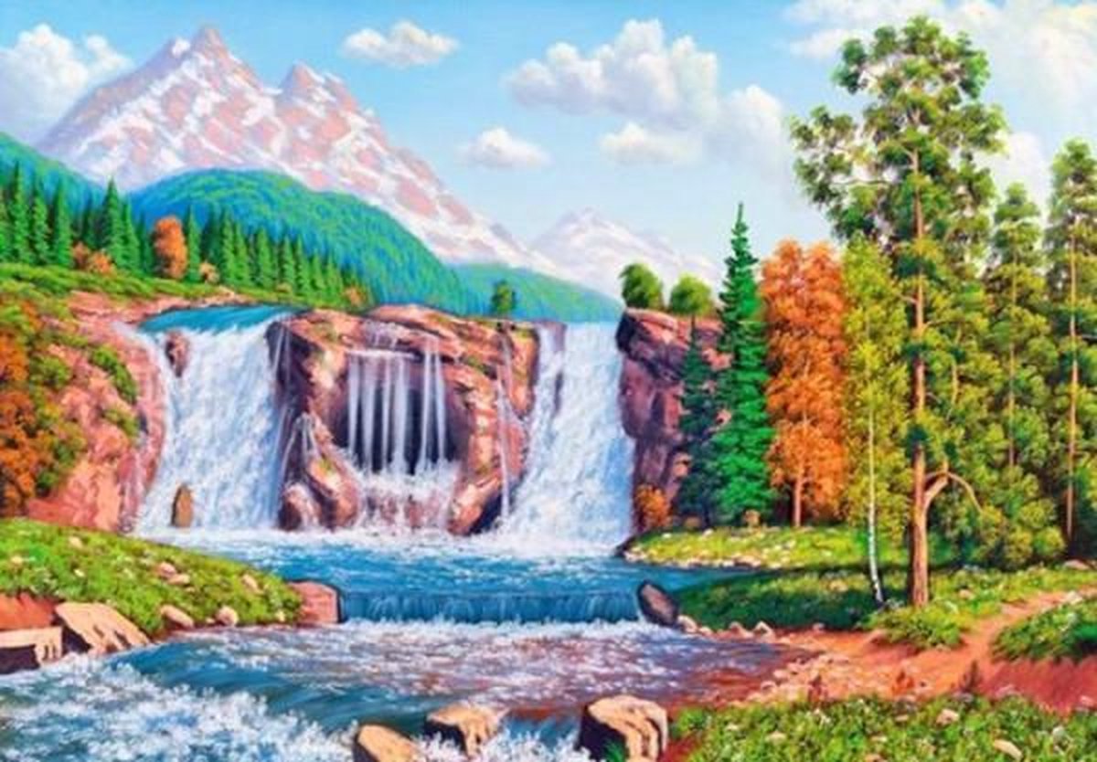 Full Diamond Painting Volwassenen  - Ronde Steentjes  - Volledig Pakket  - Hobby  - Landschap - Natuur - Waterval in natuurlandschap  50x40 cm