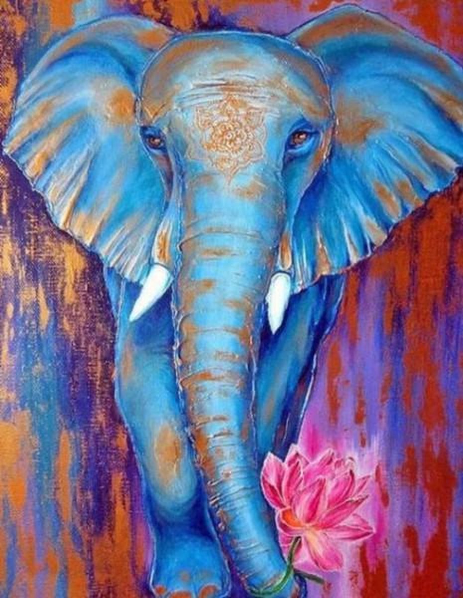 Full Diamond Painting Volwassenen  - Vierkante Steentjes  - Volledig Pakket  - Hobby  - Dieren - Olifant met lotusbloem50x40 cm