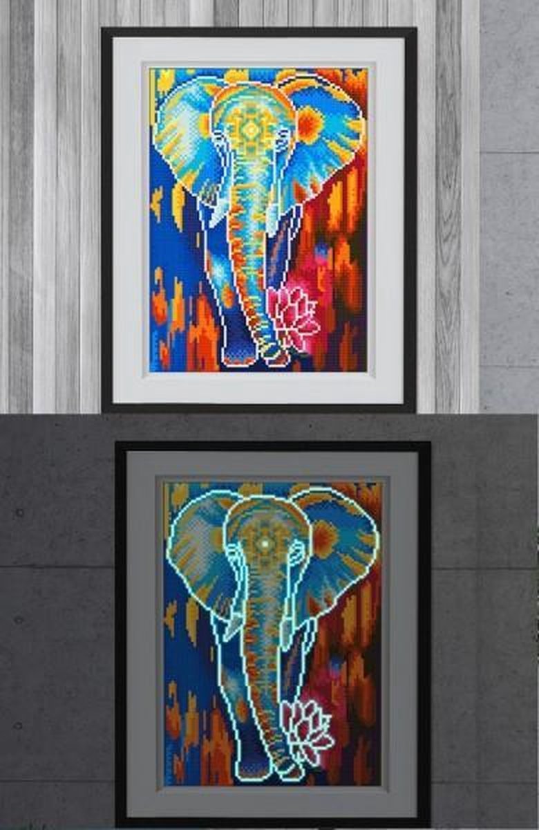 Glow In The Dark Diamond Painting Volwassenen/Kinderen  - Ronde Steentjes  - Volledig Pakket  - Hobby  - Dieren - Kleurrijke olifant met lotusbloem 35x25cm