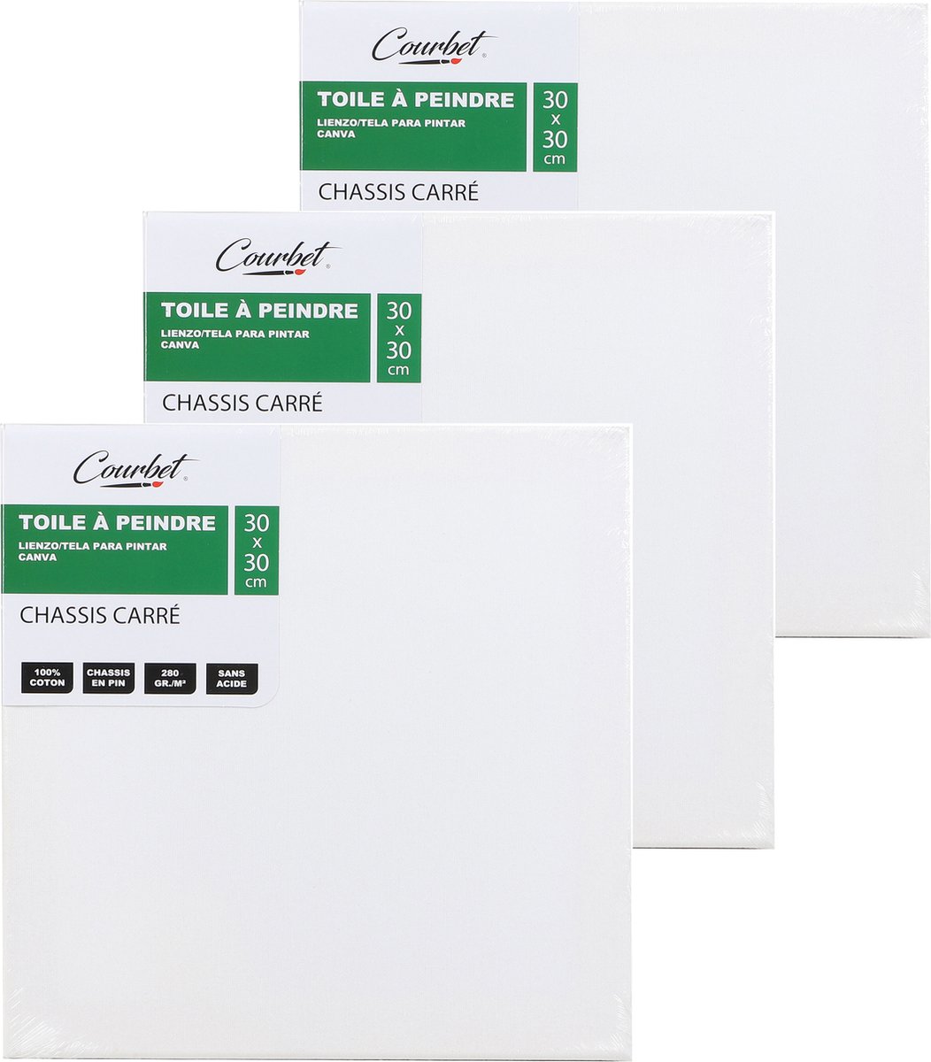 Monet canvas schilderij doek/paneel - 3x - schilderdoeken/verfdoeken - wit - 30 x 30 cm - Hobby schilderen