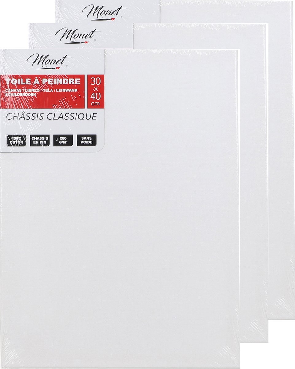 Monet canvas schilderij doek/paneel - 3x - schilderdoeken/verfdoeken - wit - 30 x 40 cm - Hobby schilderen