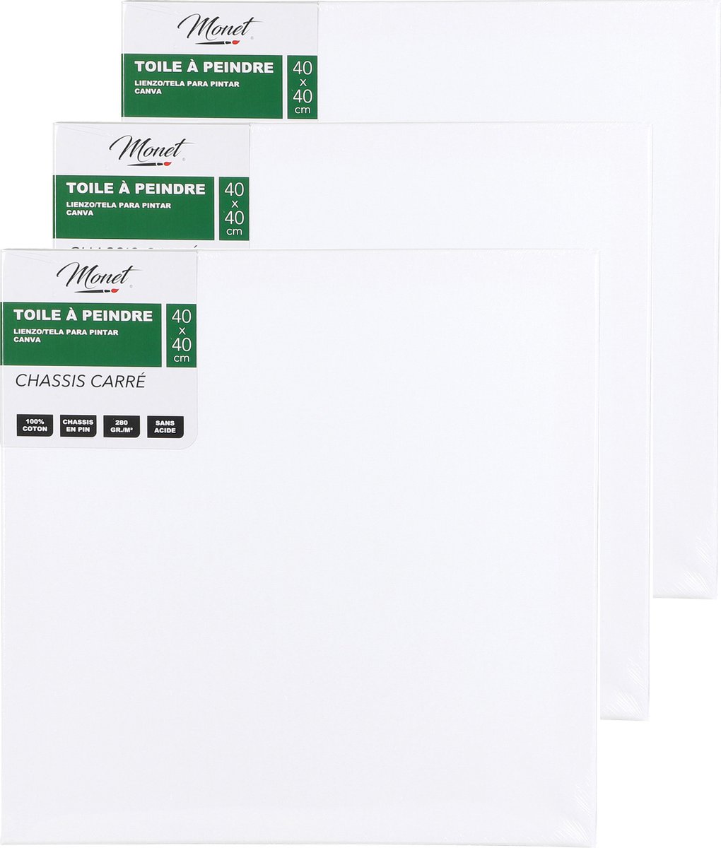 Monet canvas schilderij doek/paneel - 3x - schilderdoeken/verfdoeken - wit - 40 x 40 cm - Hobby schilderen