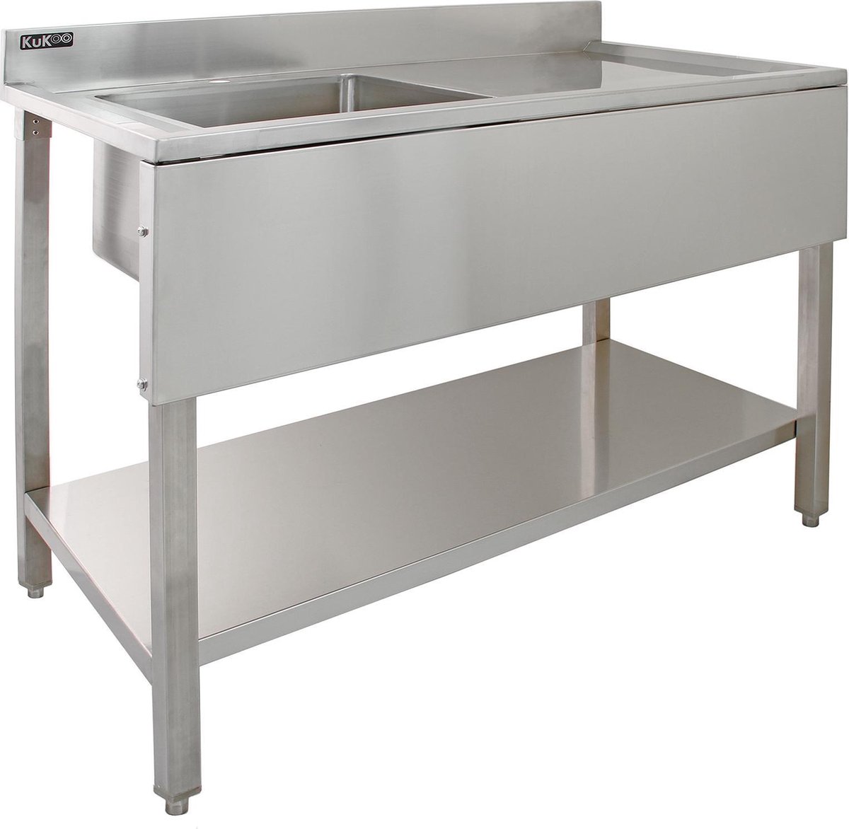 Commerciële Spoeltafel met Standaard RVS - Wasbak Links - Catering Horeca Keuken - Opstaande rand + legplank - 120 cm x 60 cm x 105 cm