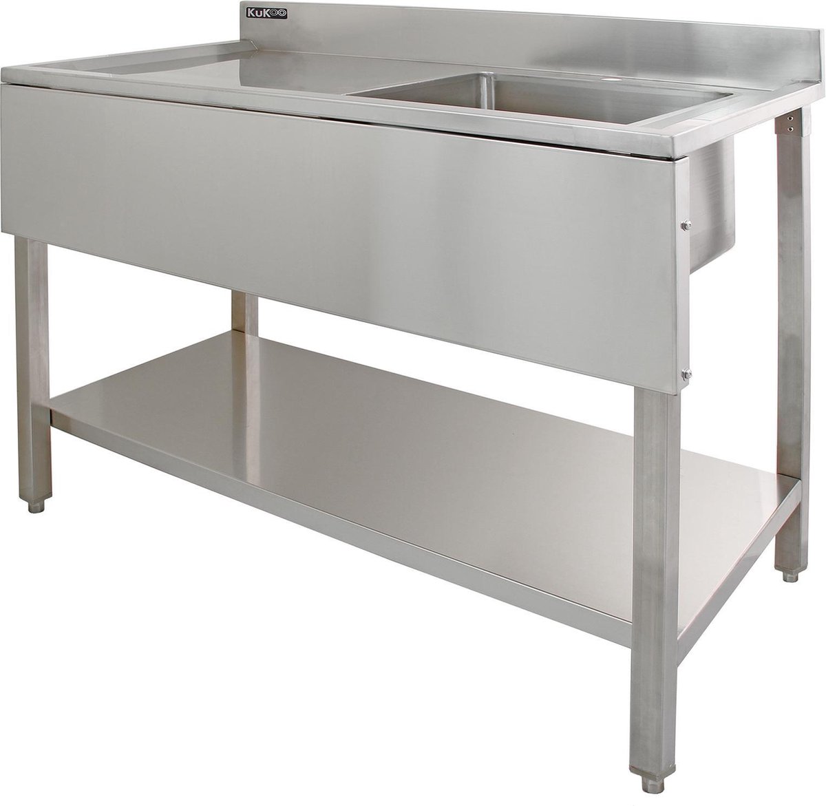 Commerciële Spoeltafel met Standaard RVS - Wasbak Rechts - Catering Horeca Keuken - Opstaande rand + legplank - 120 cm x 60 cm x 105 cm