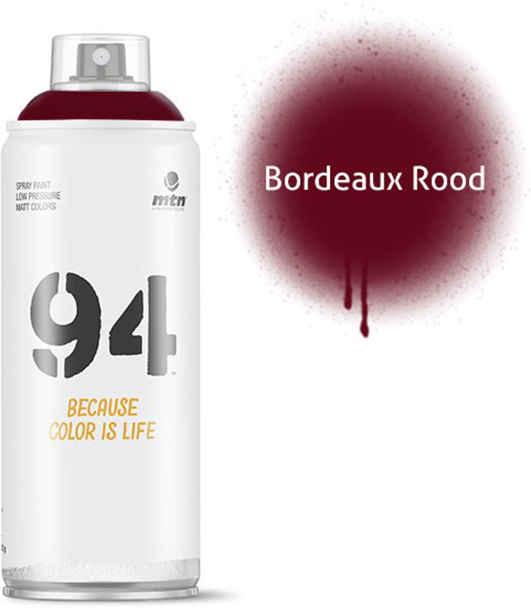 1x MTN94 spuitbus - 400ml spuitverf - Bordeaux rood - Lage druk en matte afwerking - Spuitverf voor binnen en buiten gebruik voor vele doeleinden, zoals klussen, graffiti, hobby en kunst