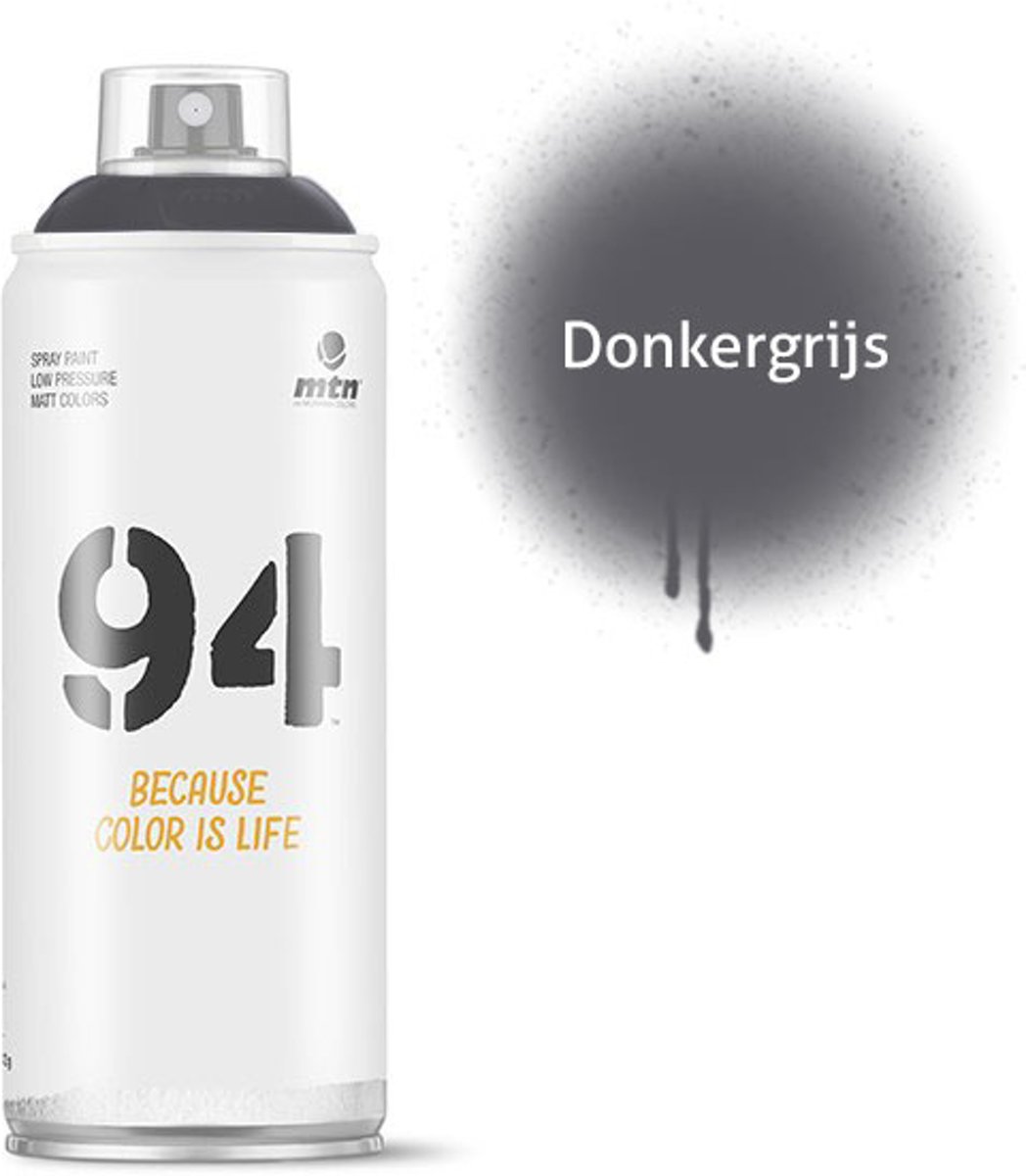 1x MTN94 spuitbus - 400ml spuitverf - Donkergrijs - Lage druk en matte afwerking - Spuitverf voor binnen en buiten gebruik voor vele doeleinden, zoals klussen, graffiti, hobby en kunst