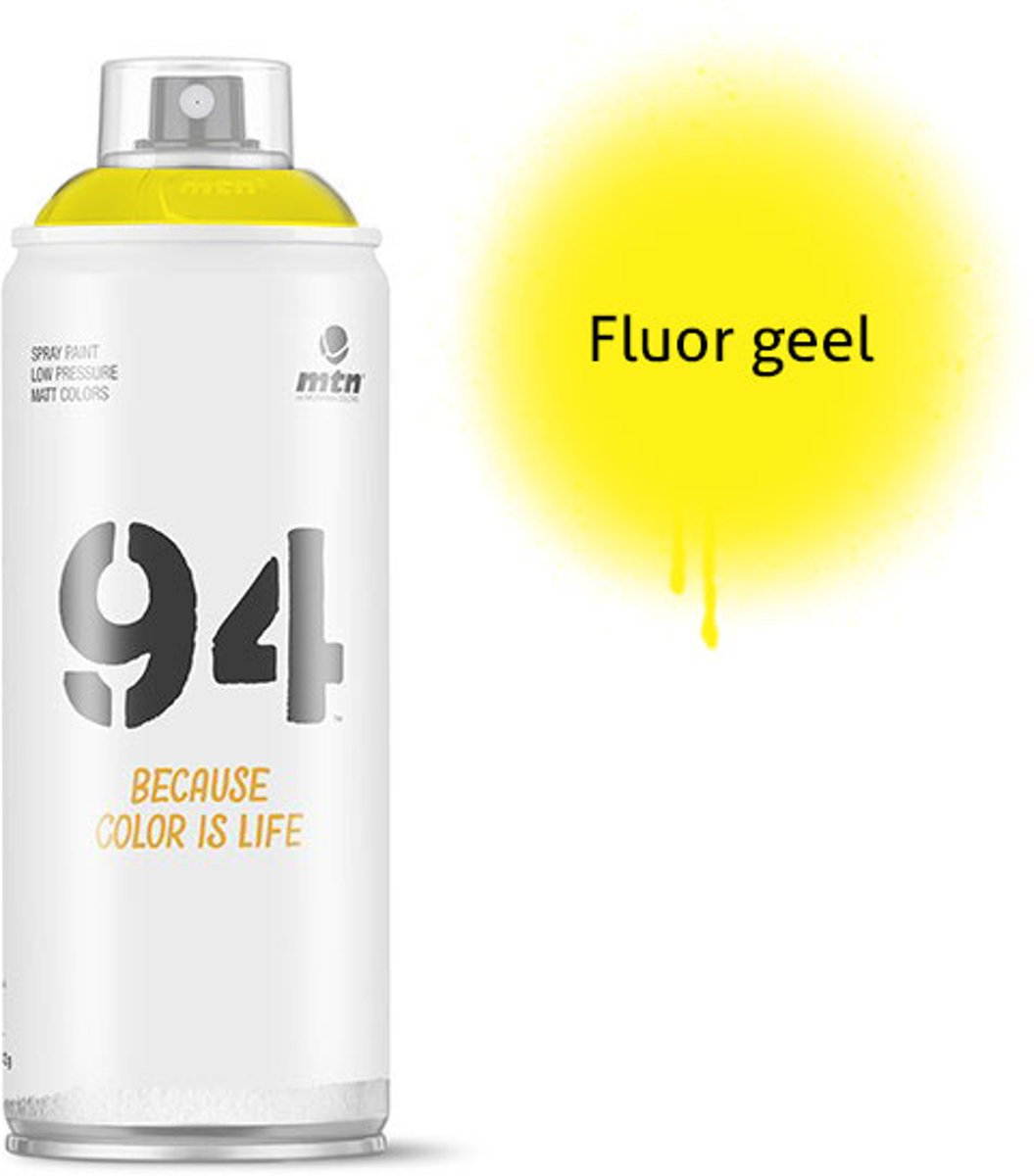 1x MTN94 spuitbus - 400ml spuitverf - Fluor geel - Lage druk en matte afwerking - Spuitverf voor binnen en buiten gebruik voor vele doeleinden, zoals klussen, graffiti, hobby en kunst