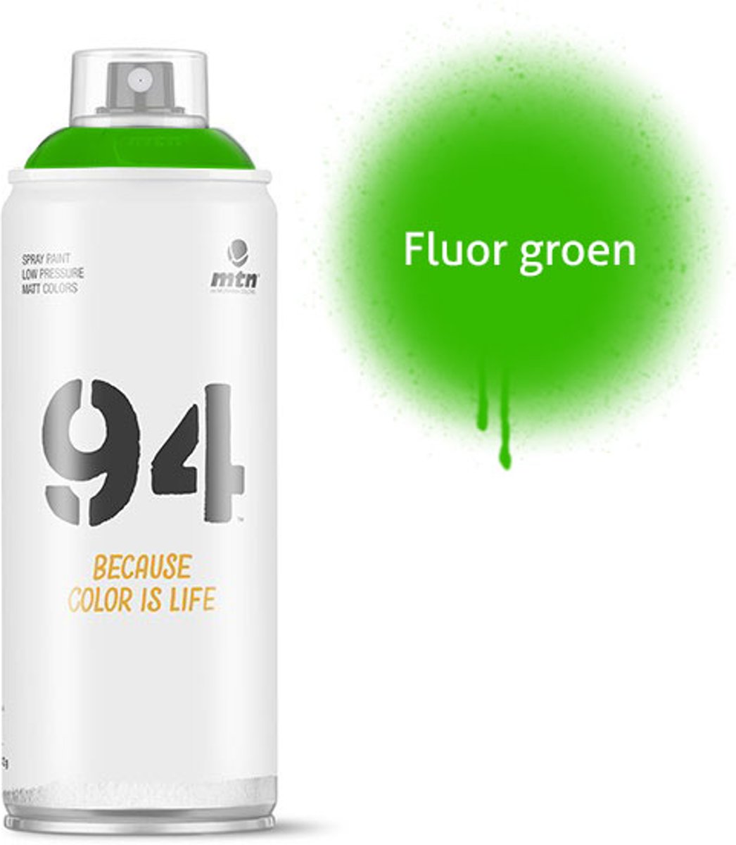 1x MTN94 spuitbus - 400ml spuitverf - Fluor groen - Lage druk en matte afwerking - Spuitverf voor binnen en buiten gebruik voor vele doeleinden, zoals klussen, graffiti, hobby en kunst