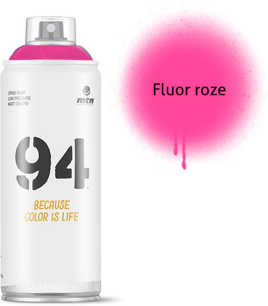 1x MTN94 spuitbus - 400ml spuitverf - Fluor roze - Lage druk en matte afwerking - Spuitverf voor binnen en buiten gebruik voor vele doeleinden, zoals klussen, graffiti, hobby en kunst