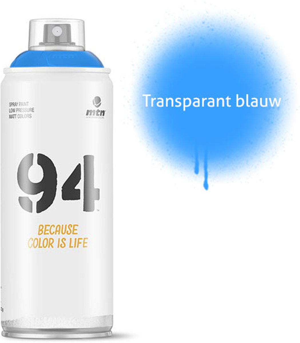 1x MTN94 spuitbus - 400ml spuitverf - Transparant blauw - Lage druk en matte afwerking - Spuitverf voor binnen en buiten gebruik voor vele doeleinden, zoals klussen, graffiti, hobby en kunst