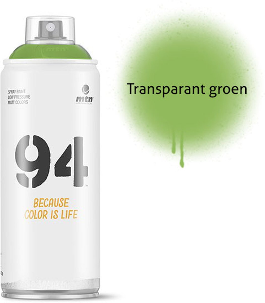 1x MTN94 spuitbus - 400ml spuitverf - Transparant groen - Lage druk en matte afwerking - Spuitverf voor binnen en buiten gebruik voor vele doeleinden, zoals klussen, graffiti, hobby en kunst